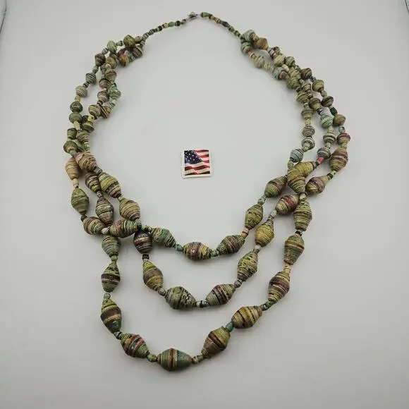 Multistrand Paper Beaded Necklace Green Chunky Artsy Boho Artesian Forest Nymph - Picture 5 of 6